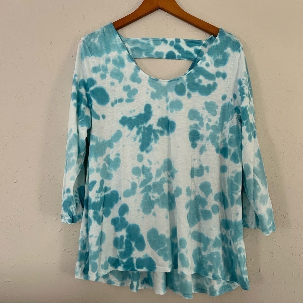 🦋Soft Surroundings Blue White Tie Dye Mid Sleeve Blouse Comfy Soft Large Casual